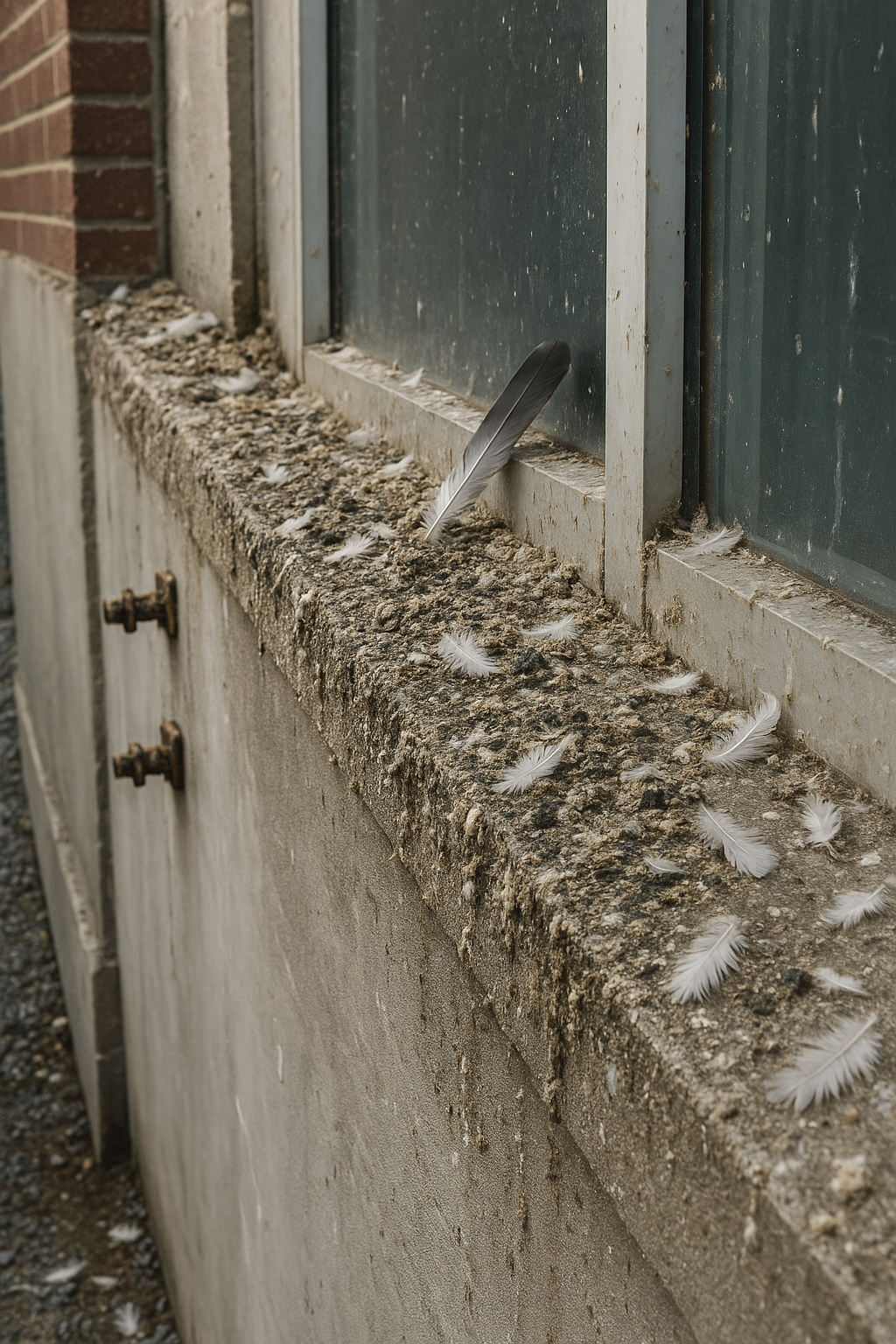 Rebord de fenêtre infesté de fientes de pigeons et de plumes. Illustration réaliste des dégâts causés par une colonie de pigeons en zone urbaine.