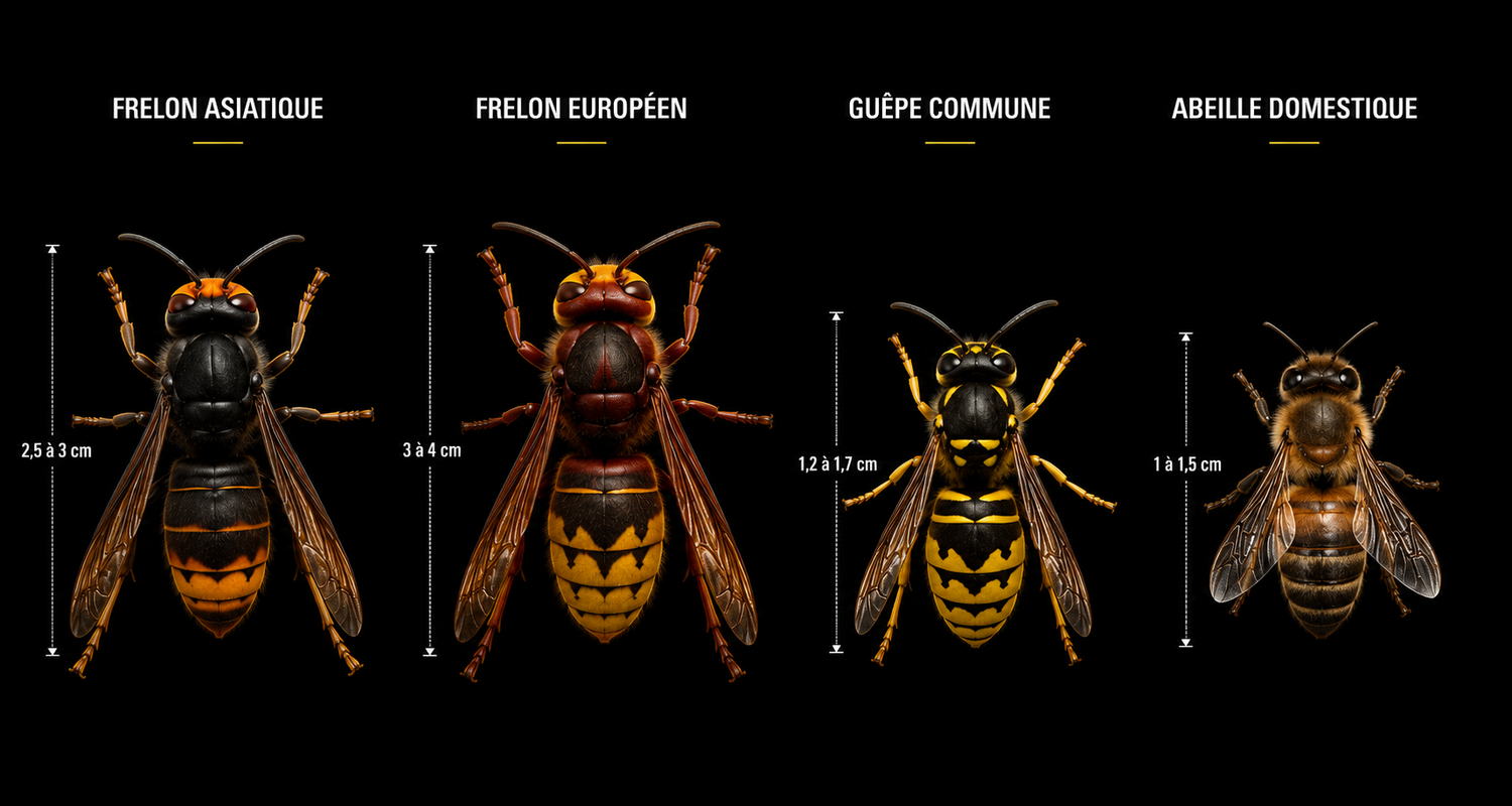 Comparatif de taille entre frelon asiatique, frelon européen, guêpe commune et abeille domestique